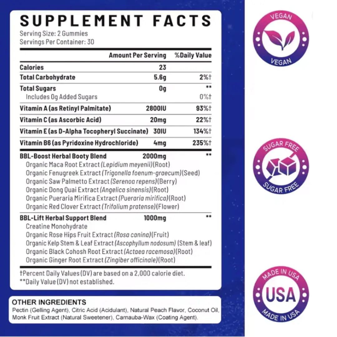 Gomitas para aumentar los glúteos para mujeres - BBL-MAX Gummies - con Multivitaminas y Extractos Herbales